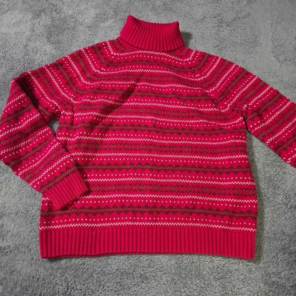 Lands End Womens L 14-16 Turtleneck Sweater Red Fair Isle Cotton Raglan Knit